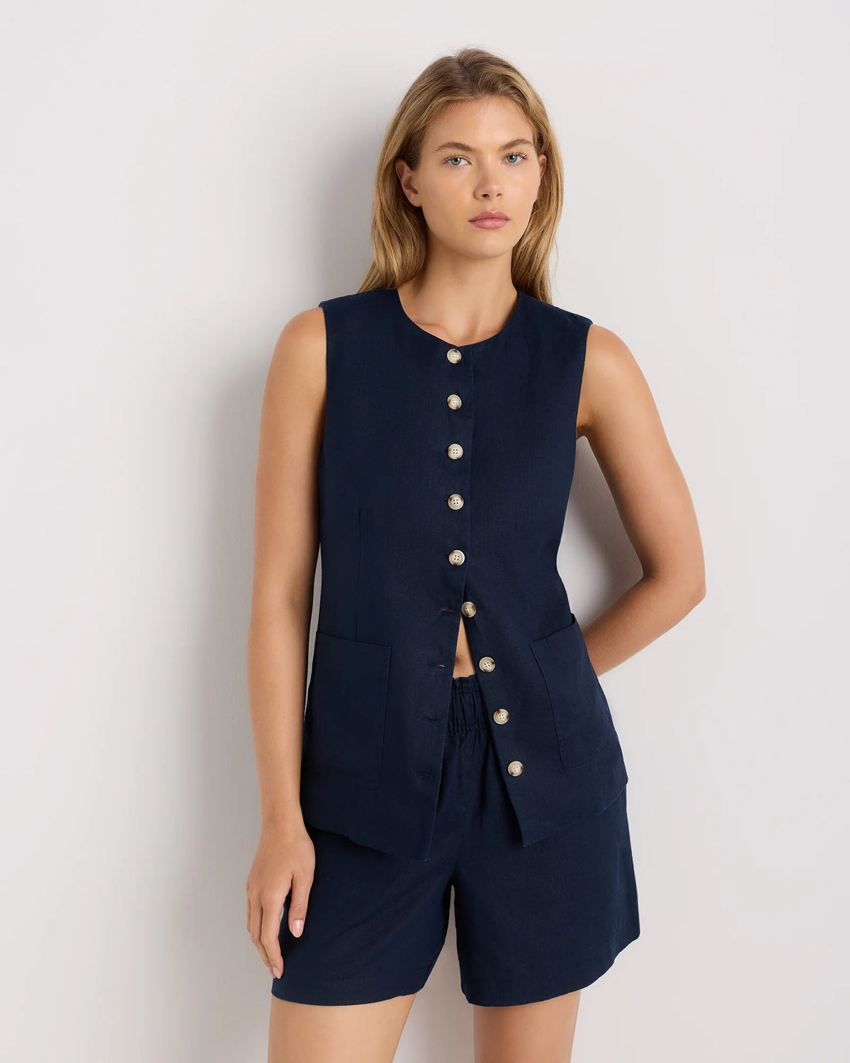 100% European Linen Longline Vest - XS / Taupe Brown Chambray Main image