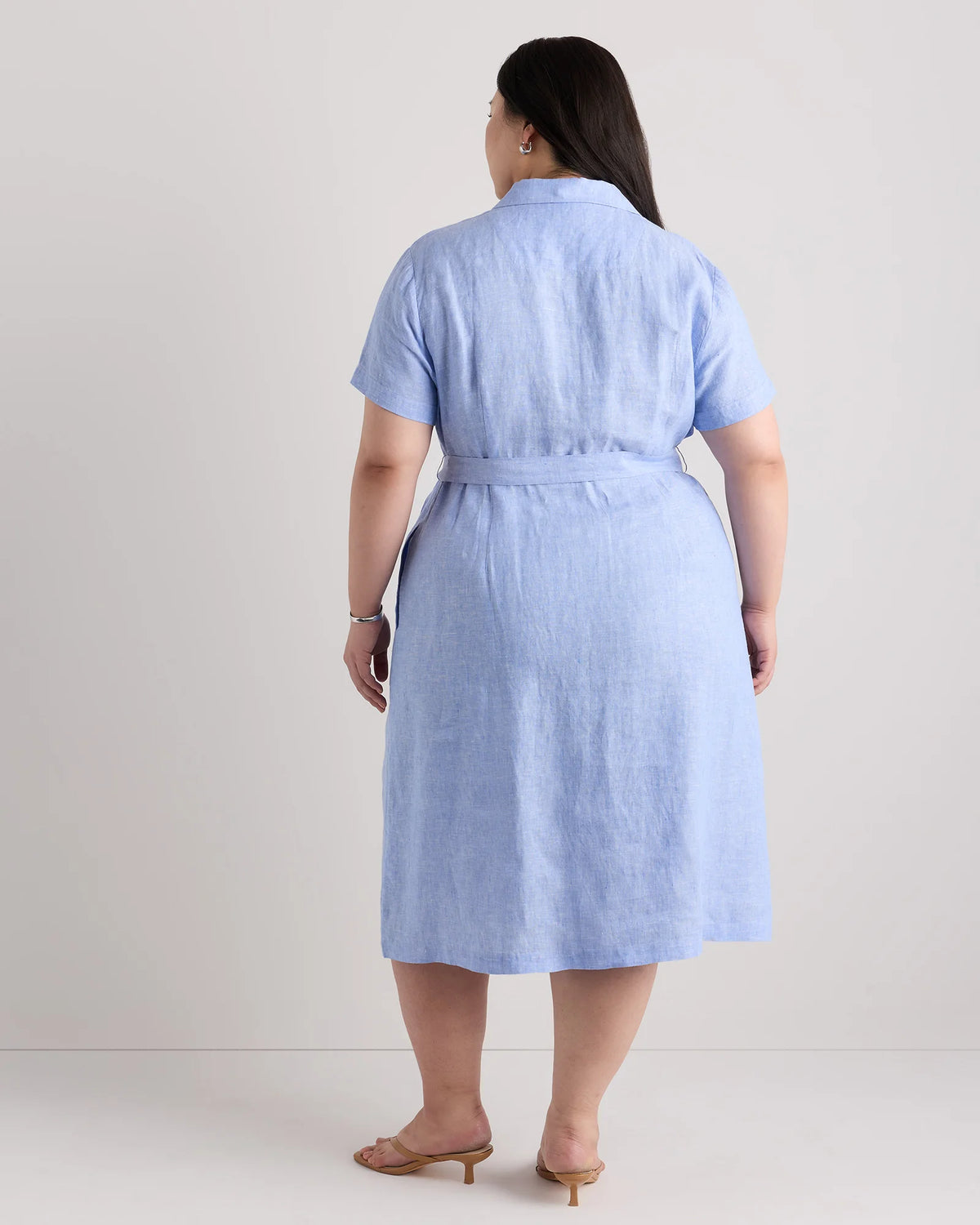 100% European Linen Button Front Dress - 1X / Blue Pinstripe