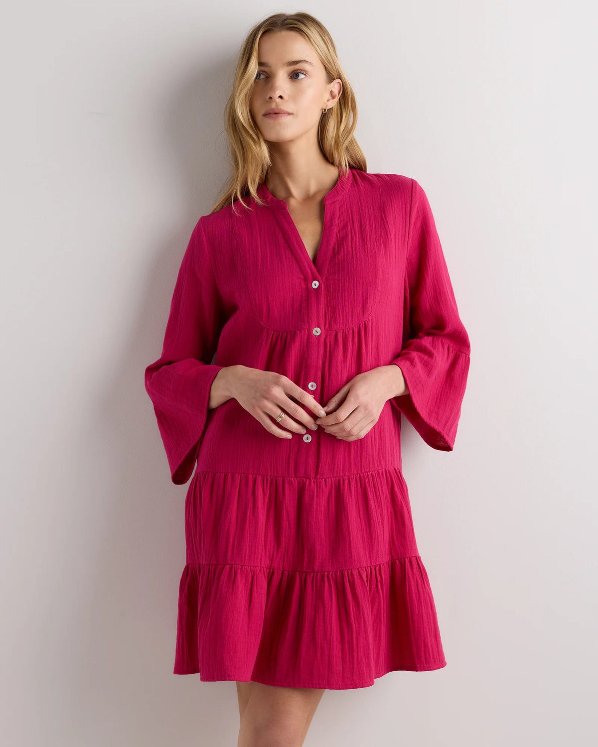 100% Organic Cotton Gauze Long Sleeve Tiered Mini Dress - XS / Amaranth Pink Main image