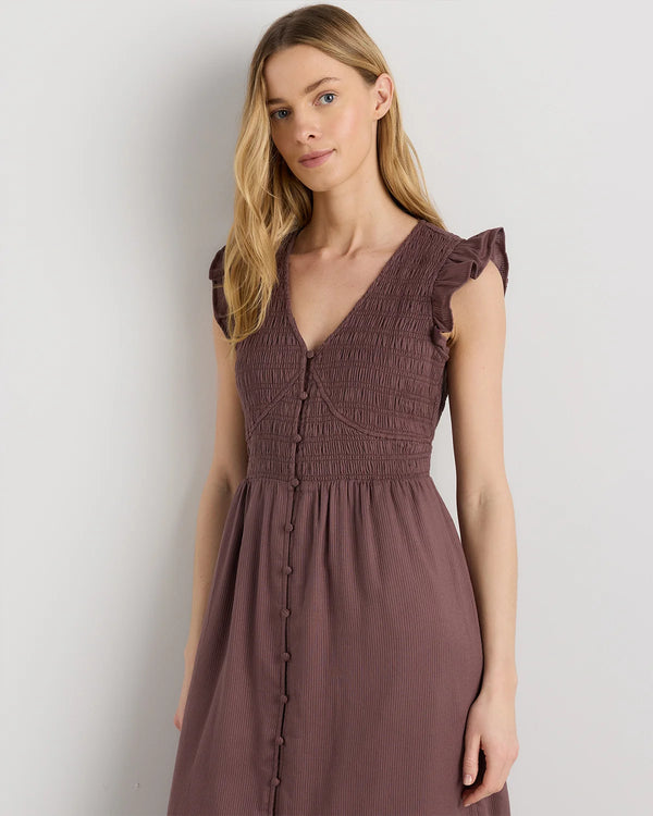 Organic Textured Cotton Smocked V-Neck Midi Dress - XS / Pale Custard Yellow