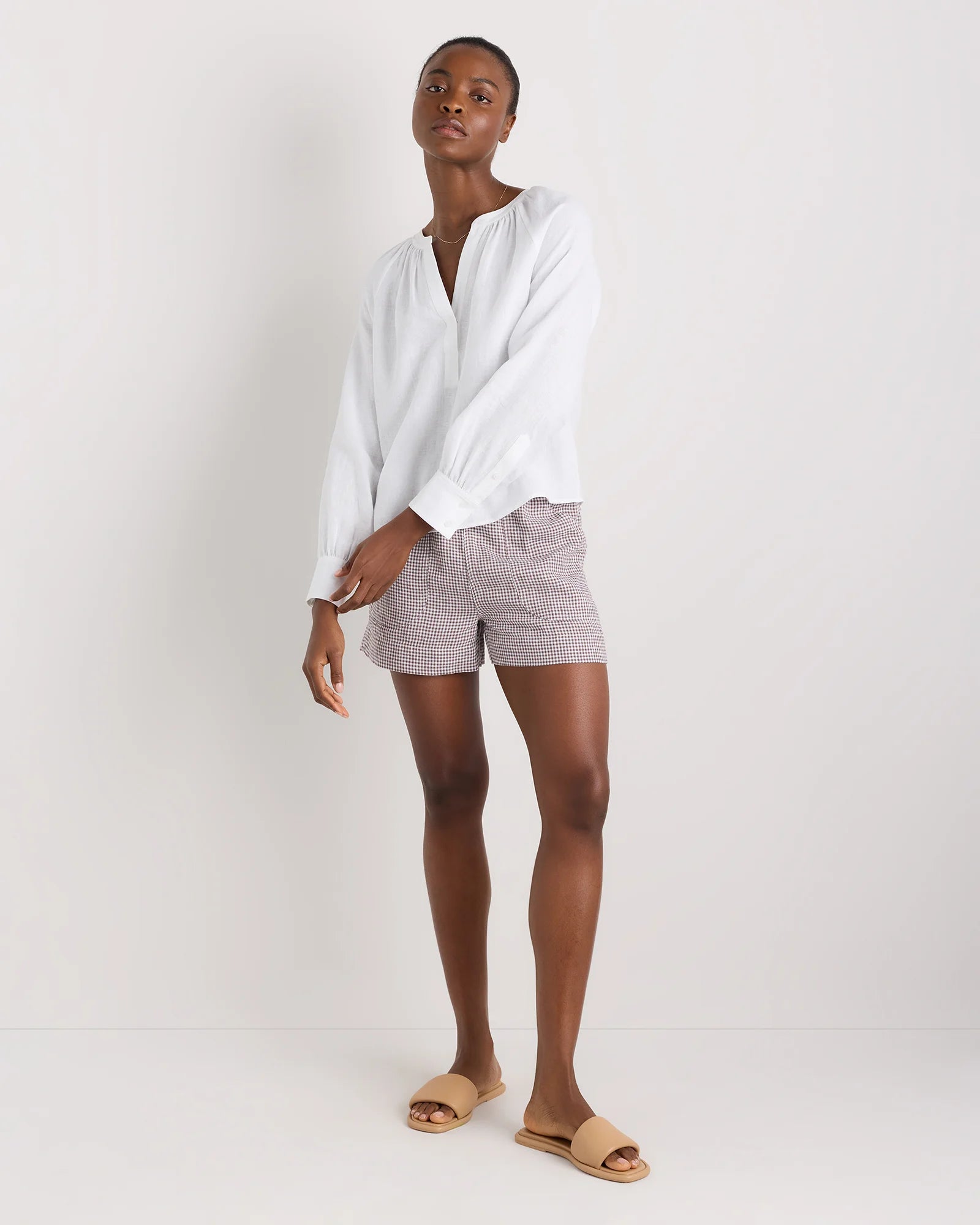100% European Linen Shorts - XS / Taupe Brown Gingham Secondary image