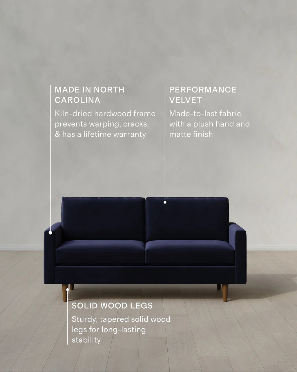 Atlas Midcentury Sofa in Performance Velvet - 6ft / Ivory
