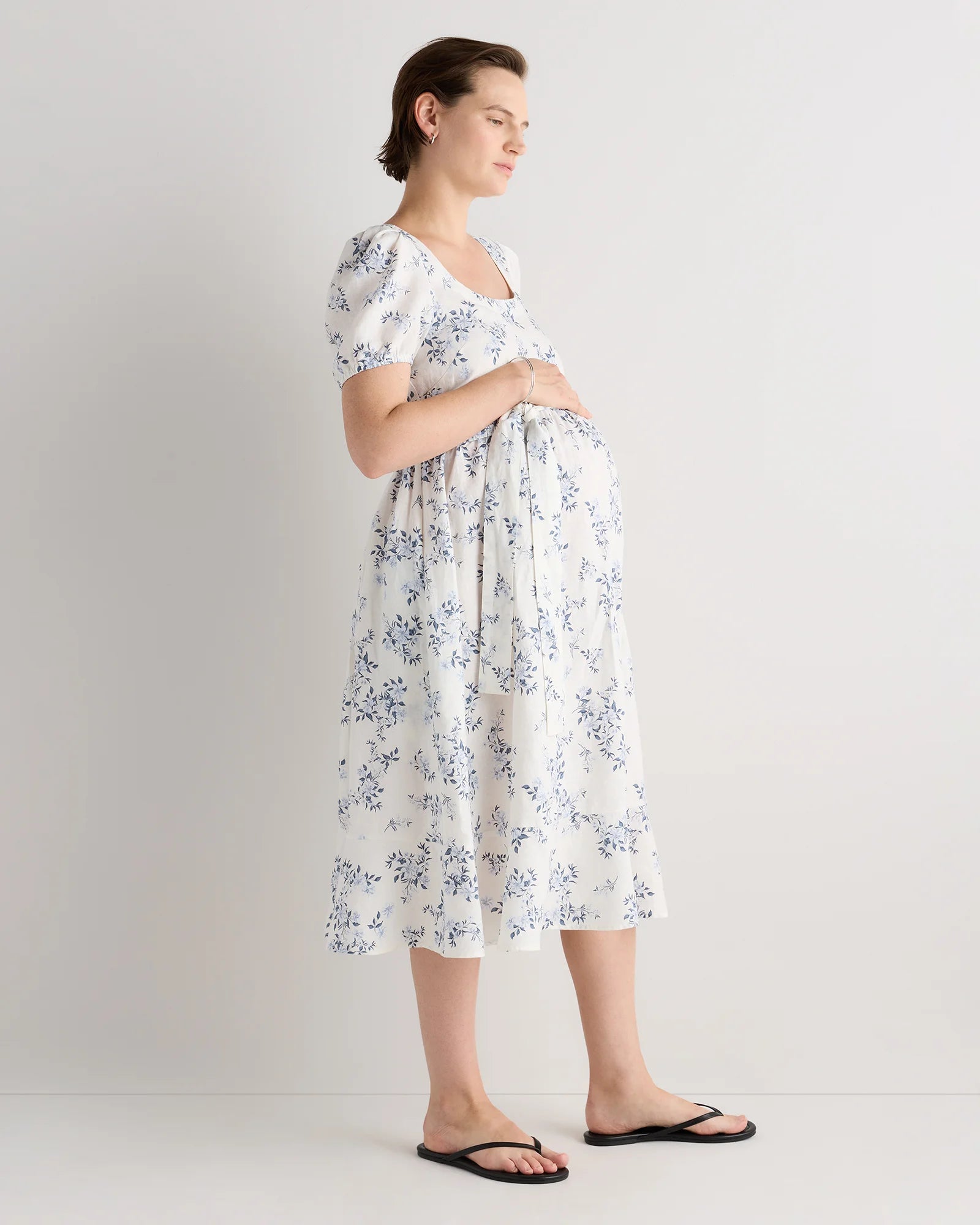 100% European Linen Maternity Short Sleeve Midi Dress - XS / Ivory Porcelain Blue Petite Floral Secondary image