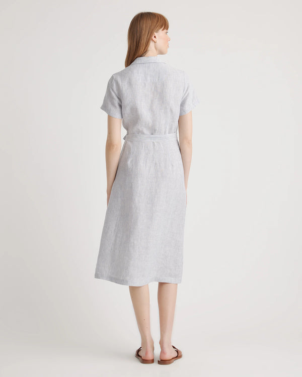 100% European Linen Button Front Dress - XS / Sky Blue Mariner Stripe