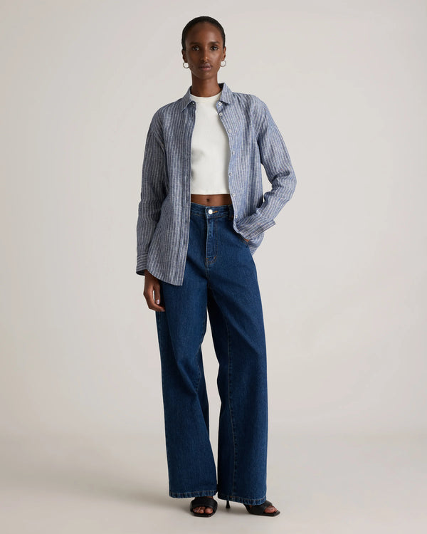 100% European Linen Long Sleeve Shirt - XS / Blue Pinstripe