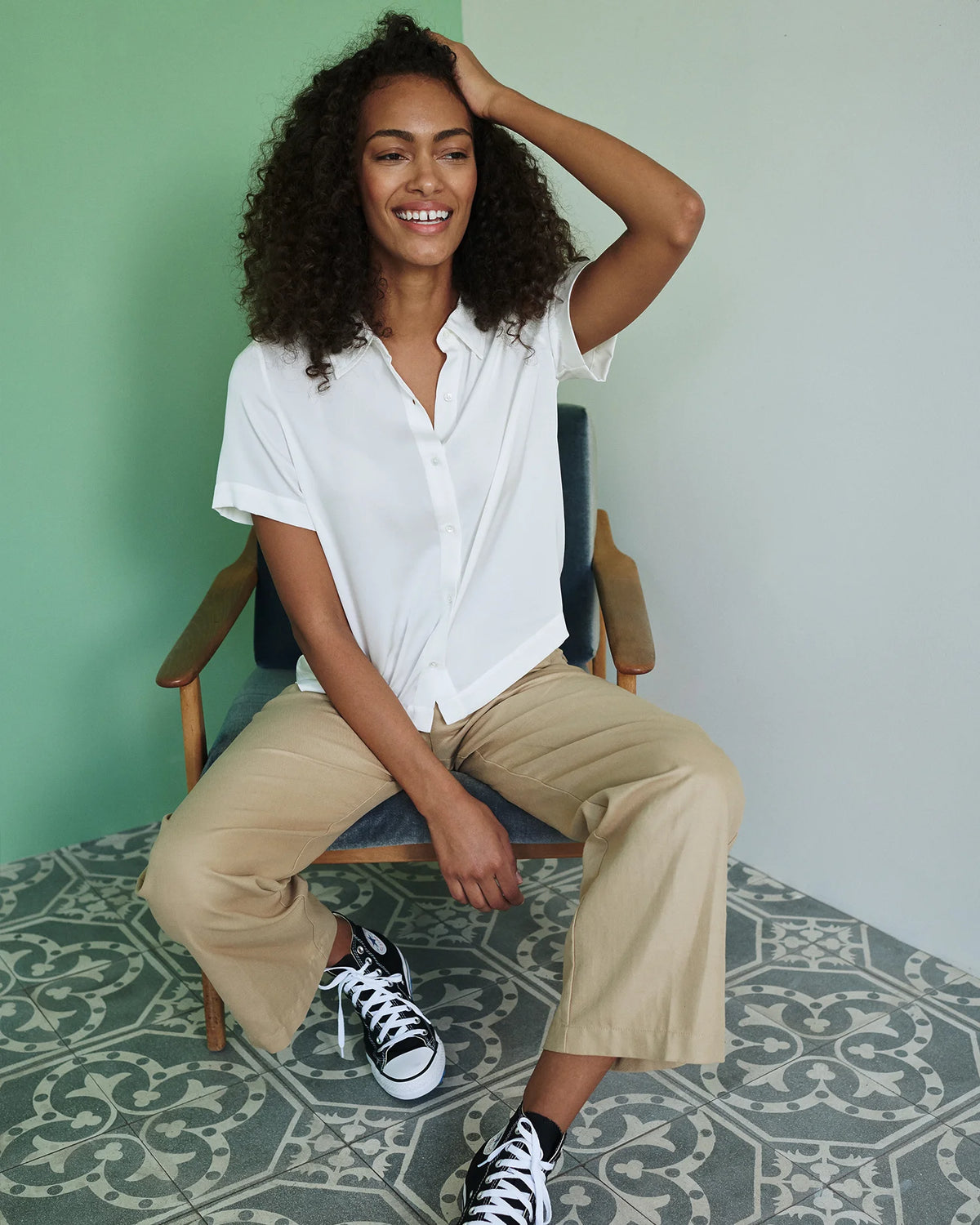 Washable Stretch Silk Short Sleeve Blouse - XS / Ivory Main image