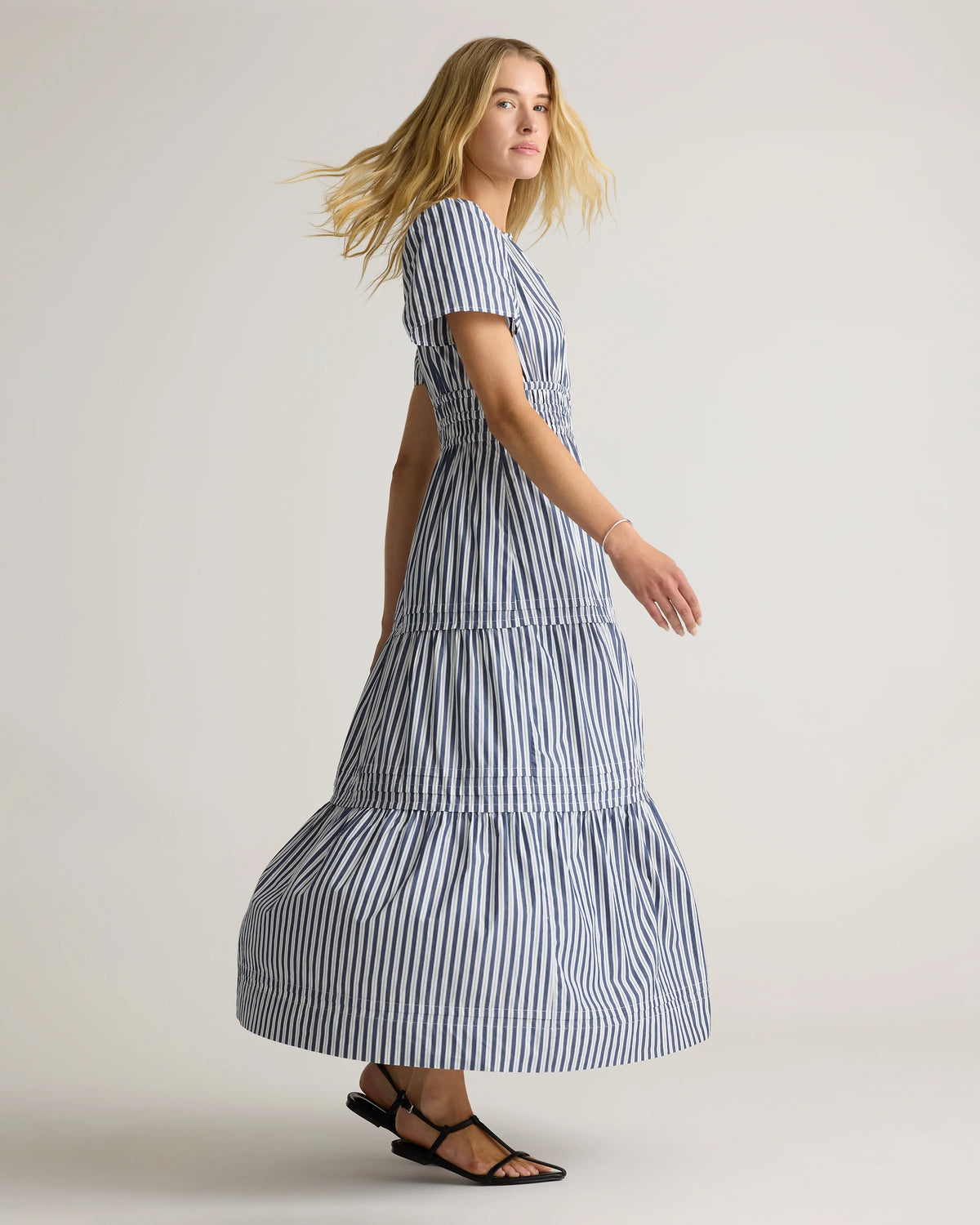 100% Organic Cotton Poplin Tiered Maxi Dress - XS / Riviera Blue Heirloom Floral