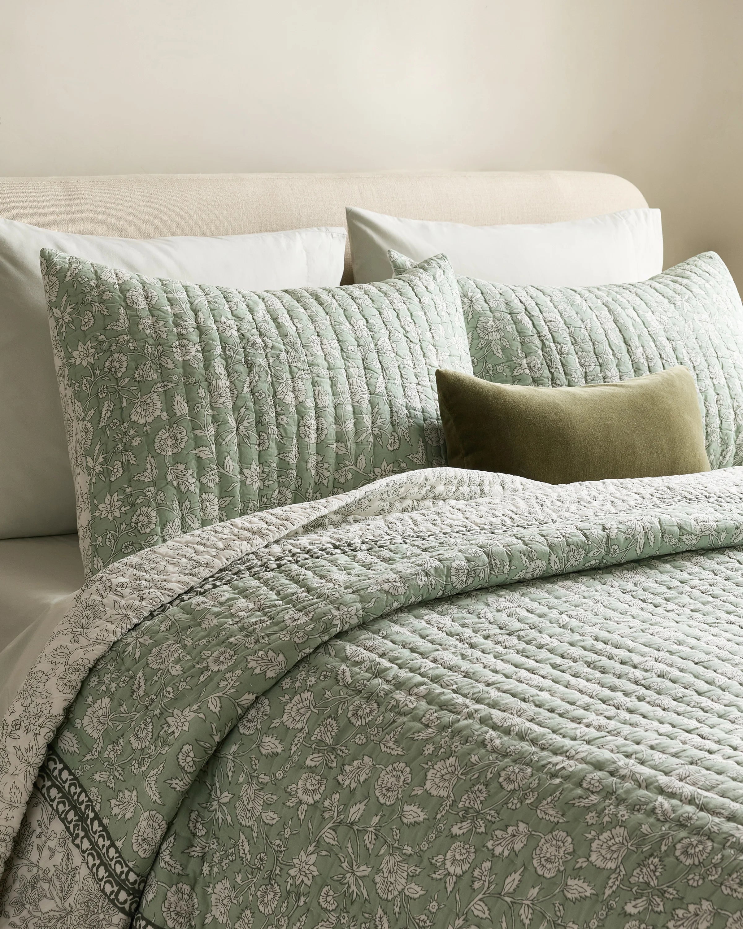 Organic Cotton Block Print Quilted Sham Set - Standard / Green Secondary image