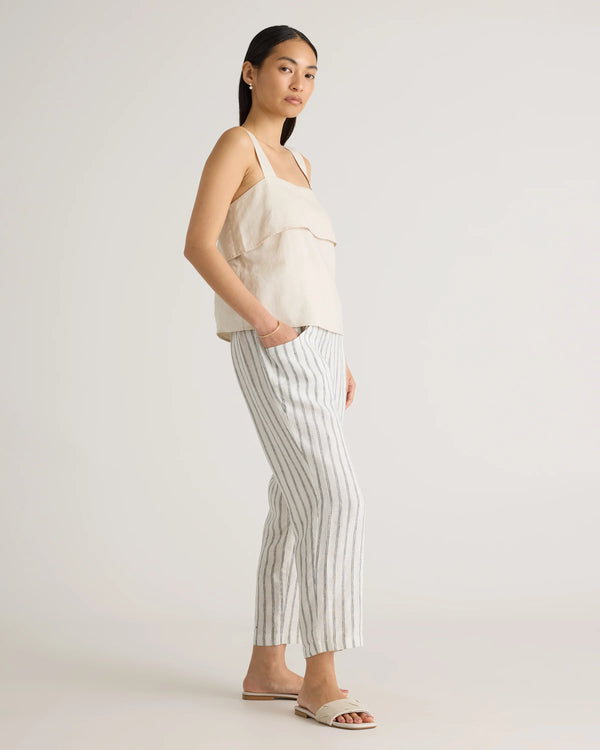 100% European Linen Tapered Ankle Pants - XS / Blue Pinstripe