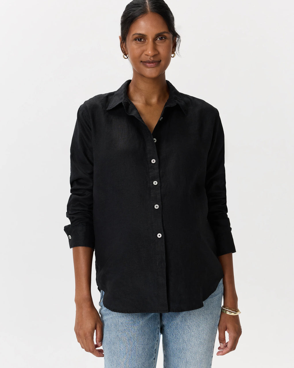 100% European Linen Maternity Long Sleeve Shirt - XS / Blue Pinstripe