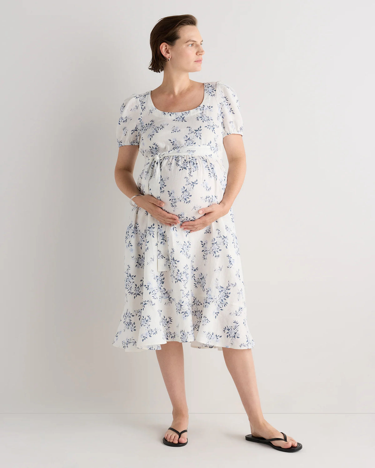100% European Linen Maternity Short Sleeve Midi Dress - XS / Ivory Porcelain Blue Petite Floral Main image