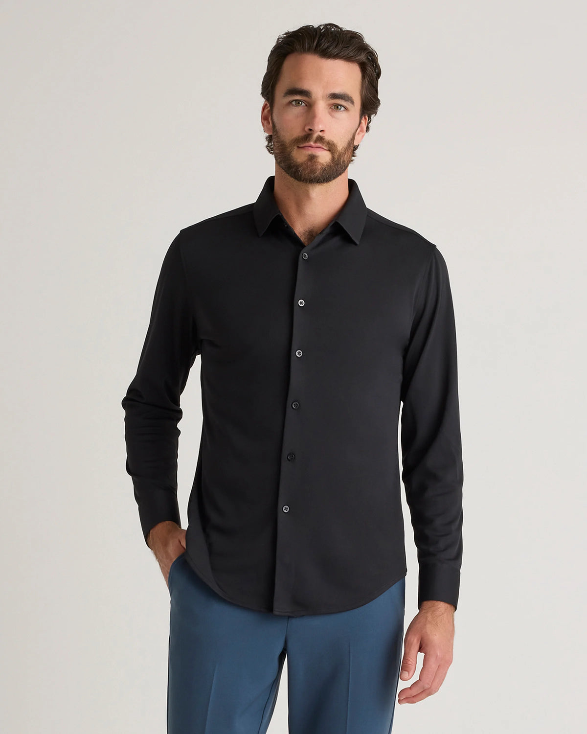 Commuter Stretch Pique Long Sleeve Button Down - XS / Dark Coal