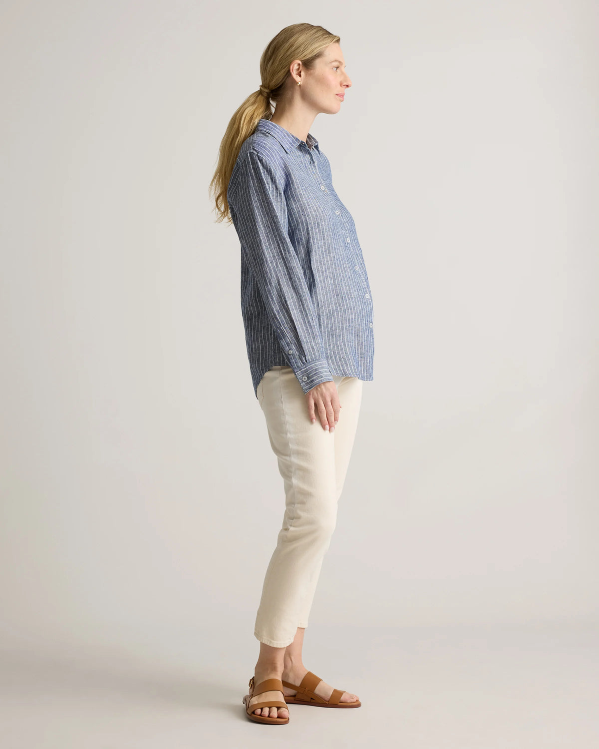 100% European Linen Maternity Long Sleeve Shirt - XS / Blue Pinstripe