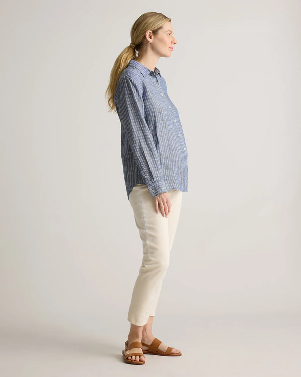 100% European Linen Maternity Long Sleeve Shirt - XS / Blue Pinstripe