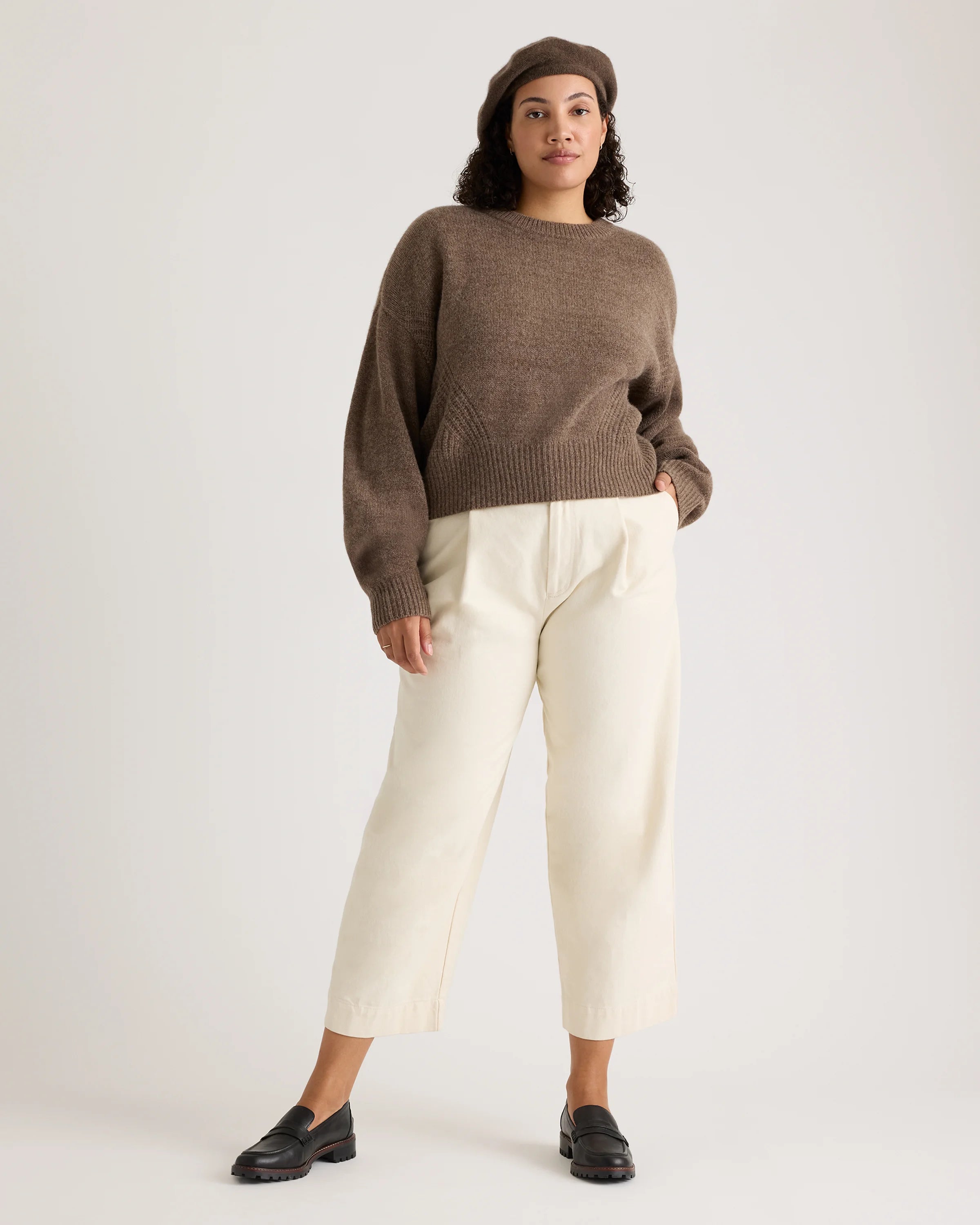 100% Yak Wool Pointelle Detail Relaxed Crew - XS / Heather Brown Secondary image