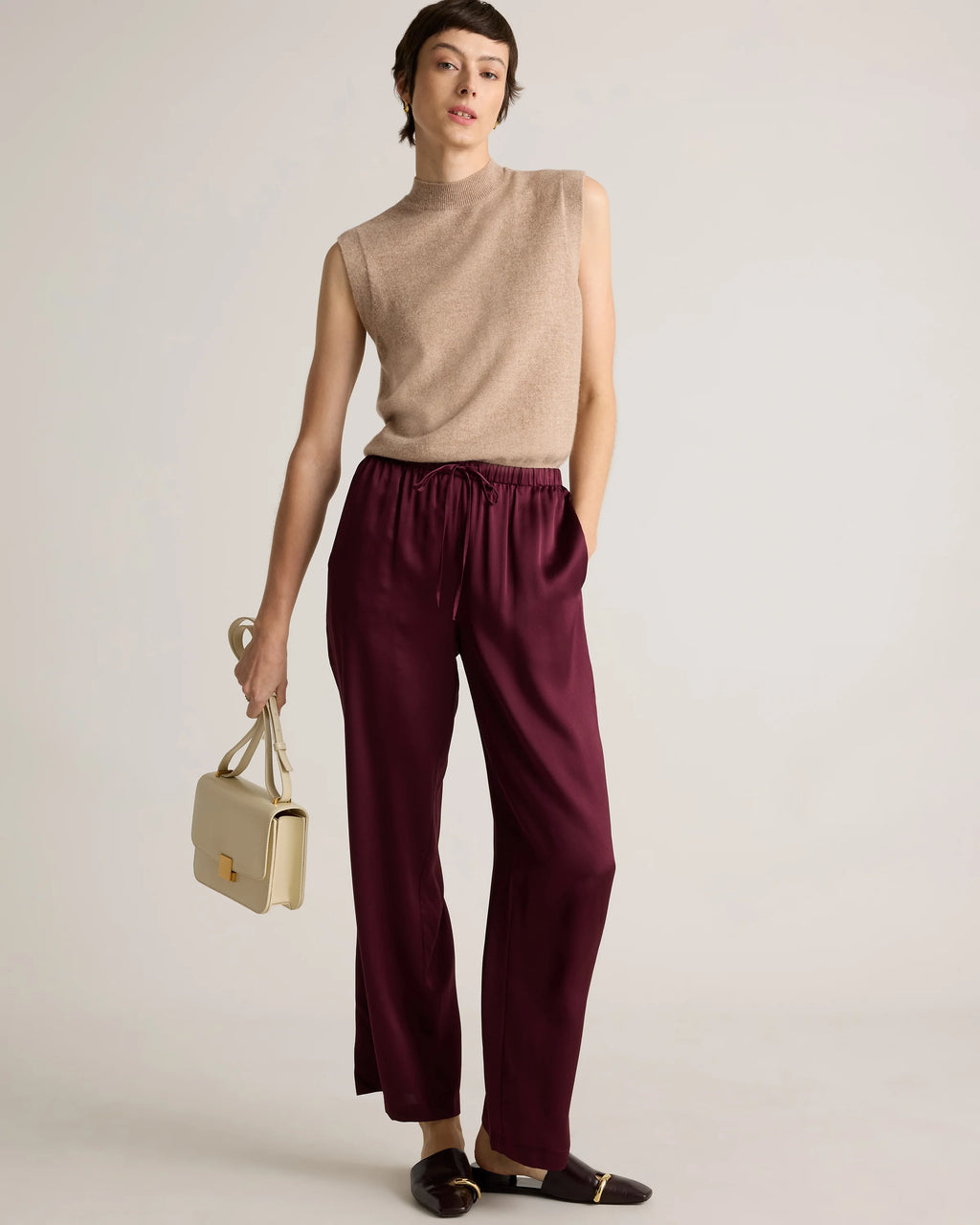 100% Washable Silk Drawstring Wide Leg Pants - XS / Black