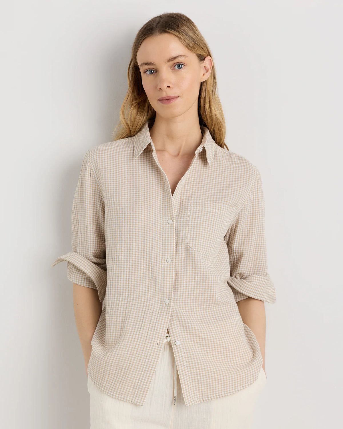100% Organic Cotton Gauze Long Sleeve Shirt - XS / Khaki Gingham Main image