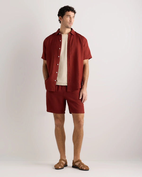 100% European Linen Drawstring Beach Shorts - 7" - XS / Taupe Brown Chambray