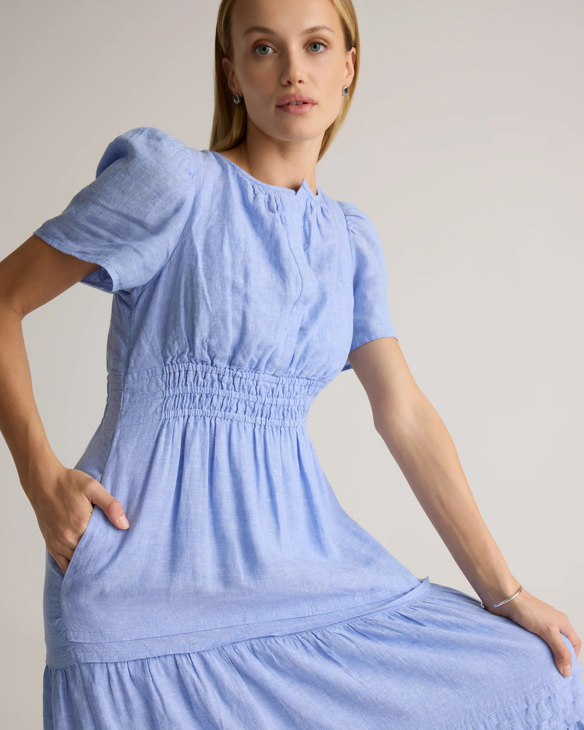 100% European Linen Tiered Maxi Dress - XS / Ivory Porcelain Blue Petite Floral