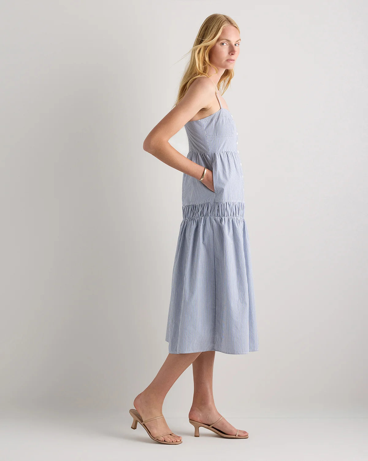 100% Organic Cotton Poplin Spaghetti Strap Maxi Dress - XS / Light Blue Stripe Secondary image