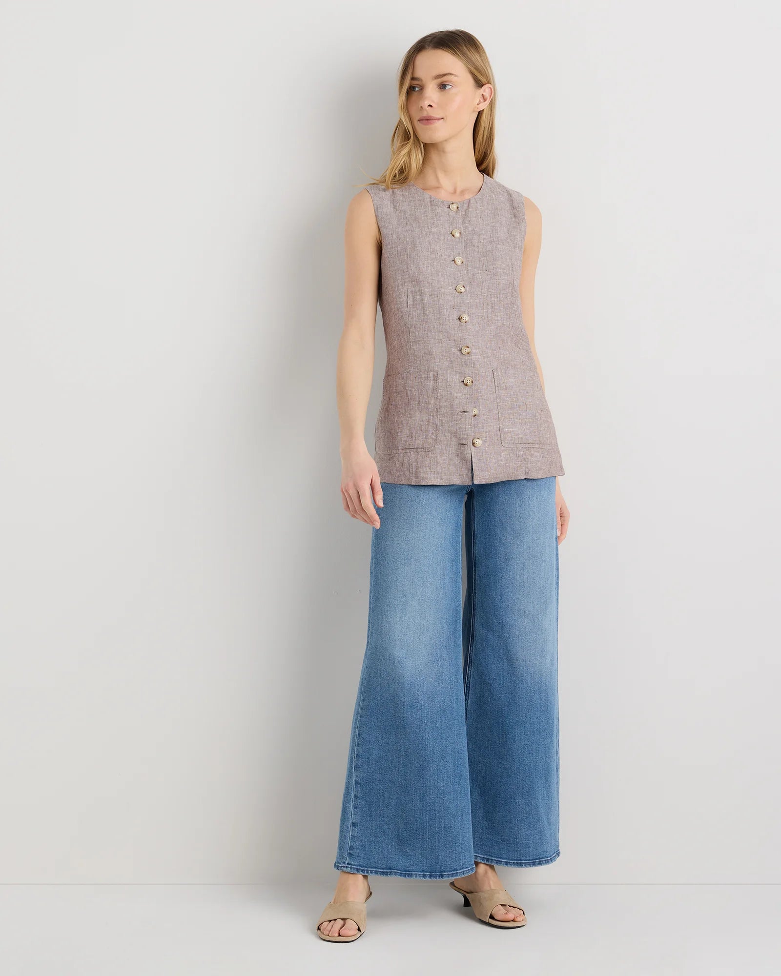 100% European Linen Longline Vest - XS / Taupe Brown Chambray Secondary image