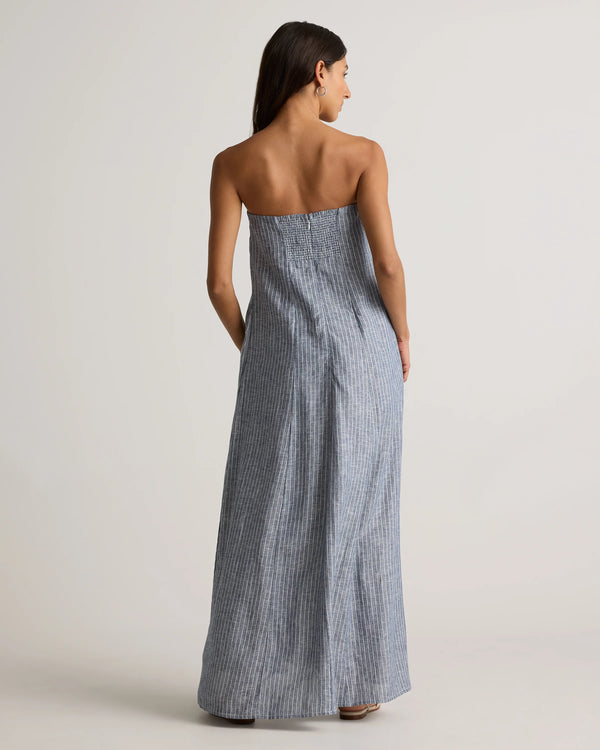 100% European Linen Strapless Maxi Dress - XS / Brick Red Heirloom Floral