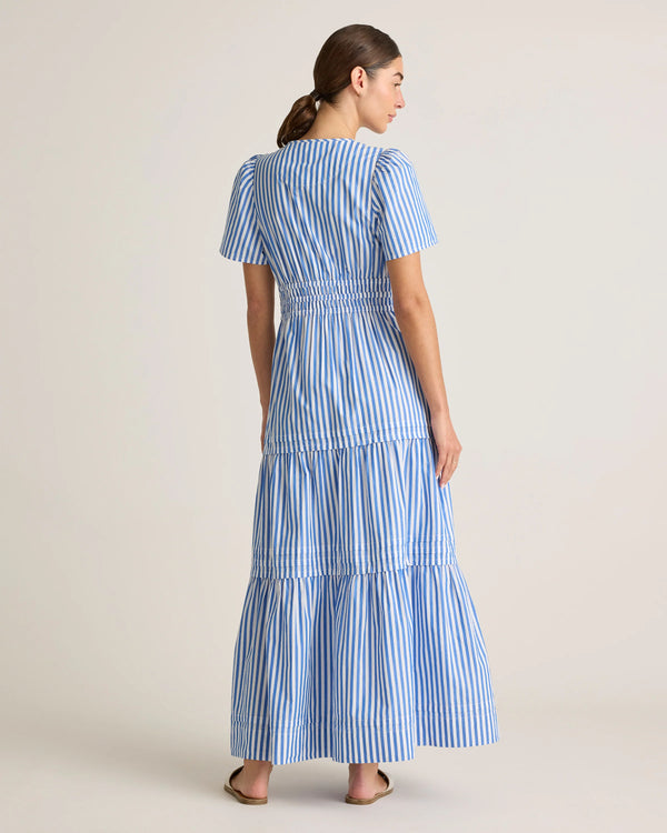 100% Organic Cotton Poplin Tiered Maxi Dress - XS / Riviera Blue Heirloom Floral