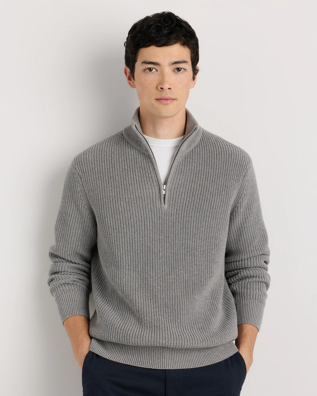 100% Organic Cotton Ribbed Quarter-Zip Sweater - S / Navy
