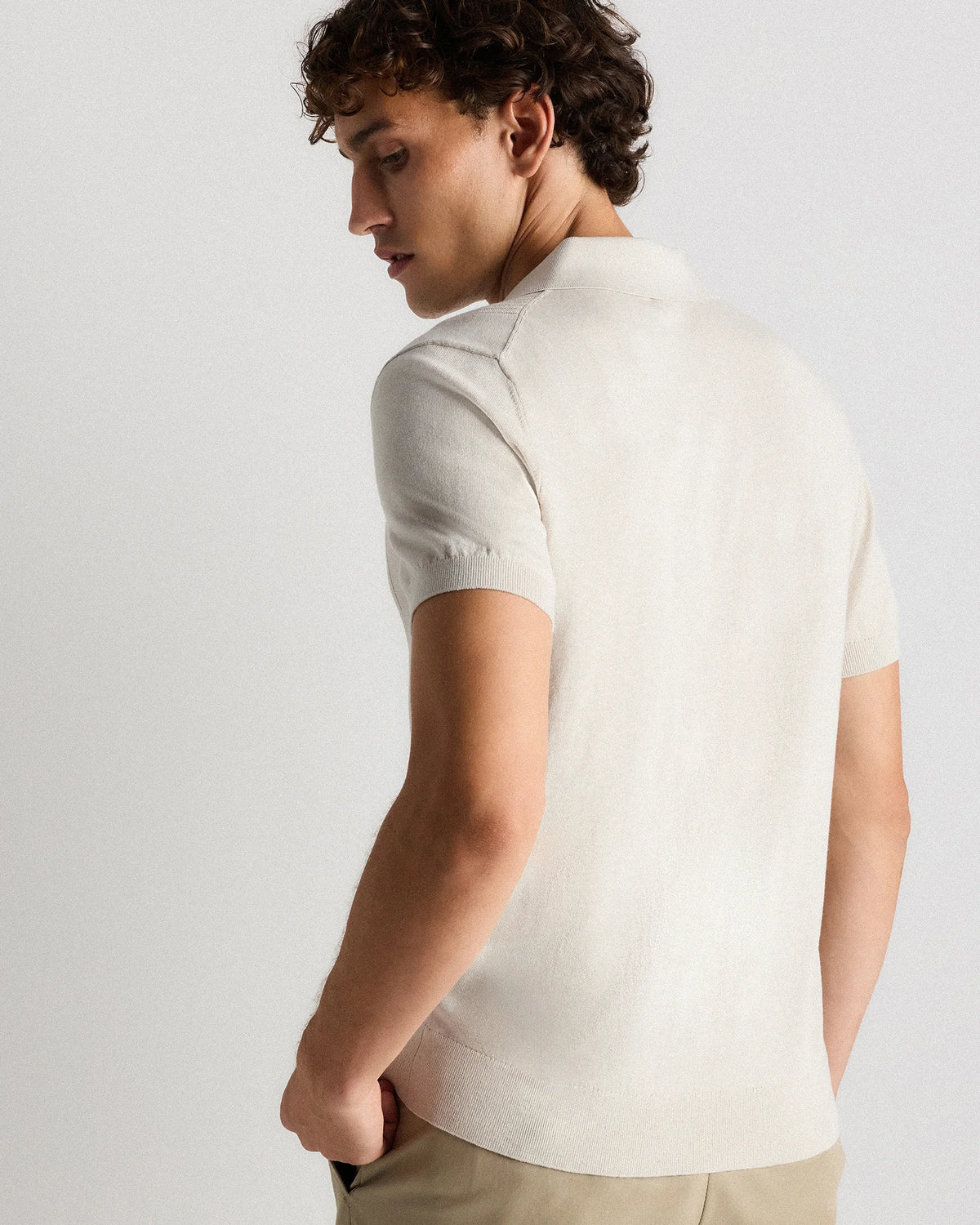 Cotton-Silk Ribbed Short Sleeve Sweater Polo - S / Speckled Beige Main image
