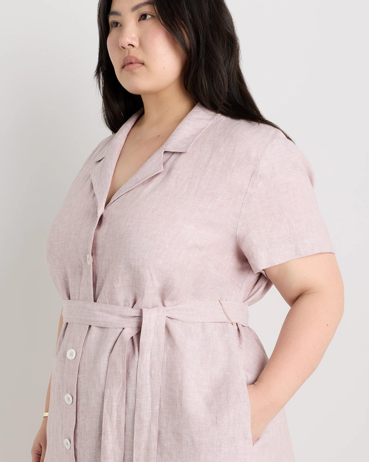 100% European Linen Button Front Dress - 1X / Blue Pinstripe