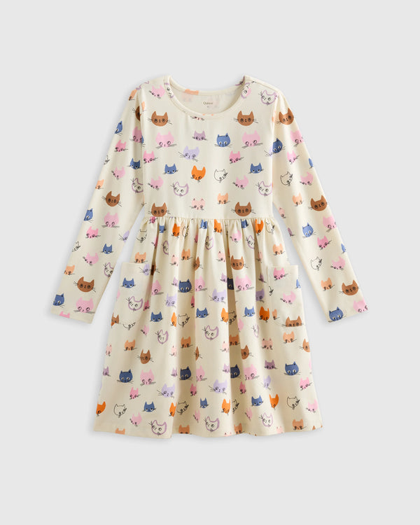 Organic Cotton Long Sleeve Fit and Flare Pocket Dress - 6 / Purple Poppy Garden