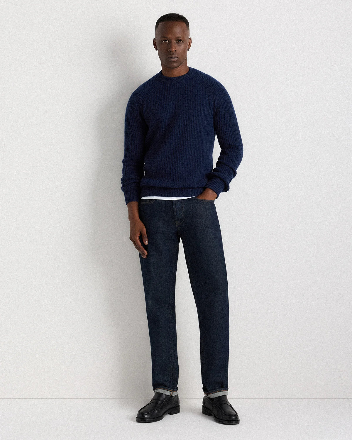 Mongolian Cashmere Fisherman Crewneck Sweater - S / Navy Marl
