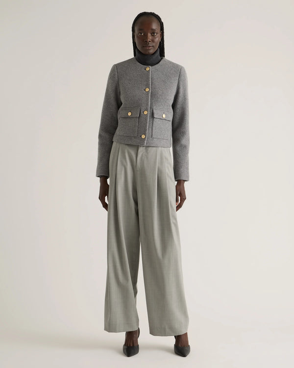 100% Merino Wool Collarless Cropped Jacket - XS / Heather Bone