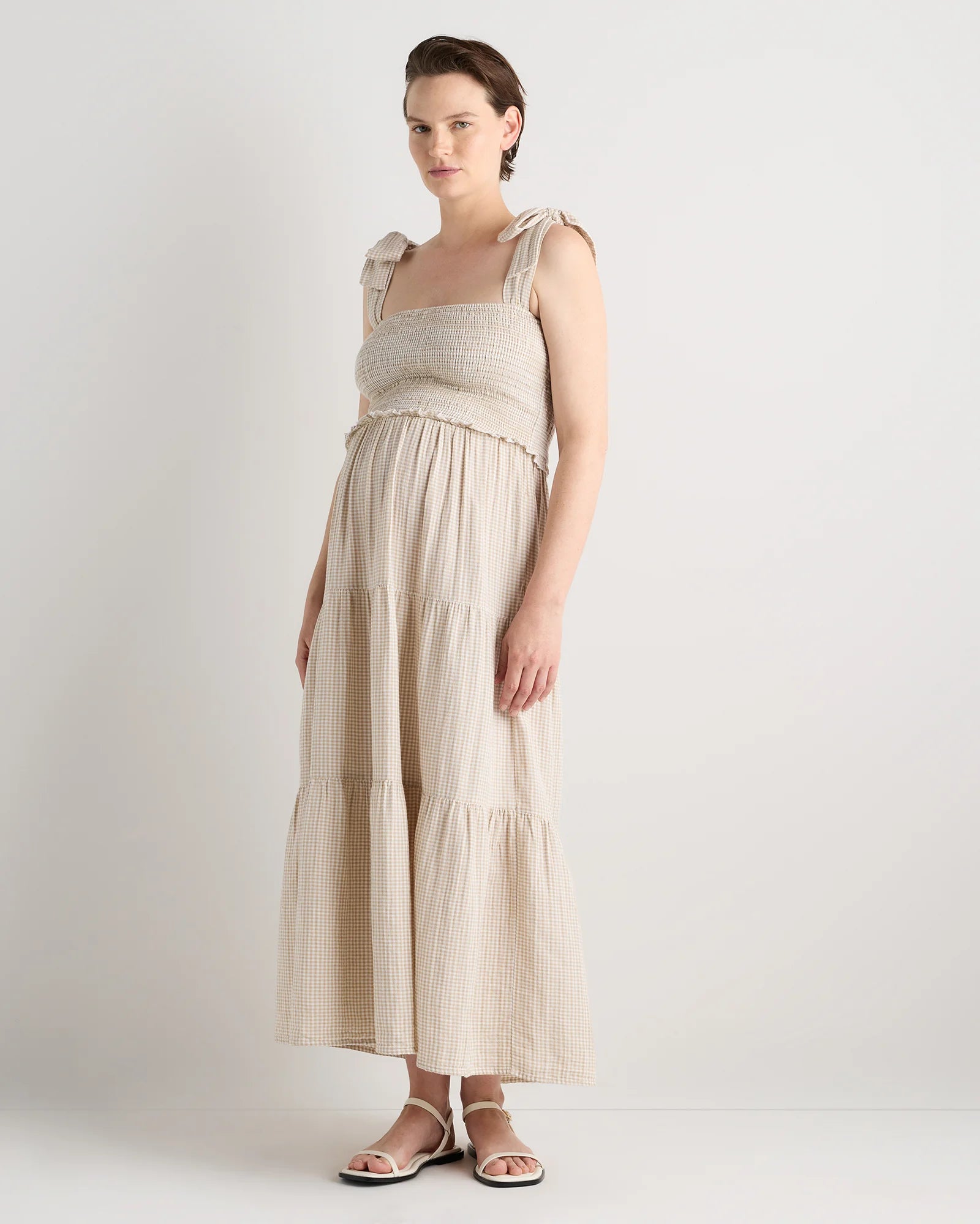 100% Organic Cotton Gauze Smocked Sleeveless Midi Dress - XS / Khaki Gingham Secondary image