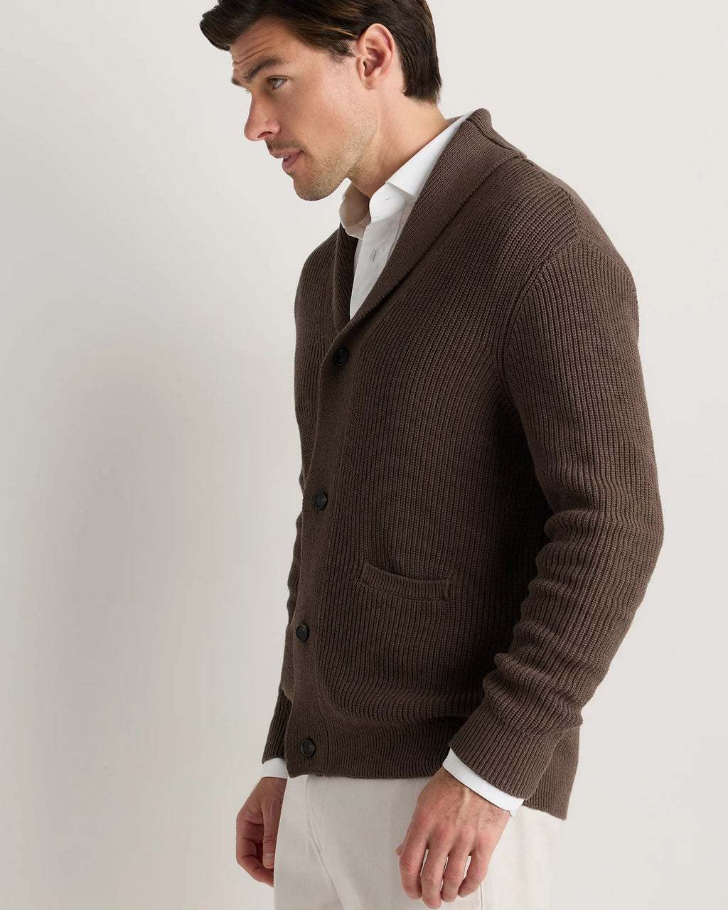 100% Organic Cotton Ribbed Shawl-Collar Cardigan Sweater - S / Bayberry Olive