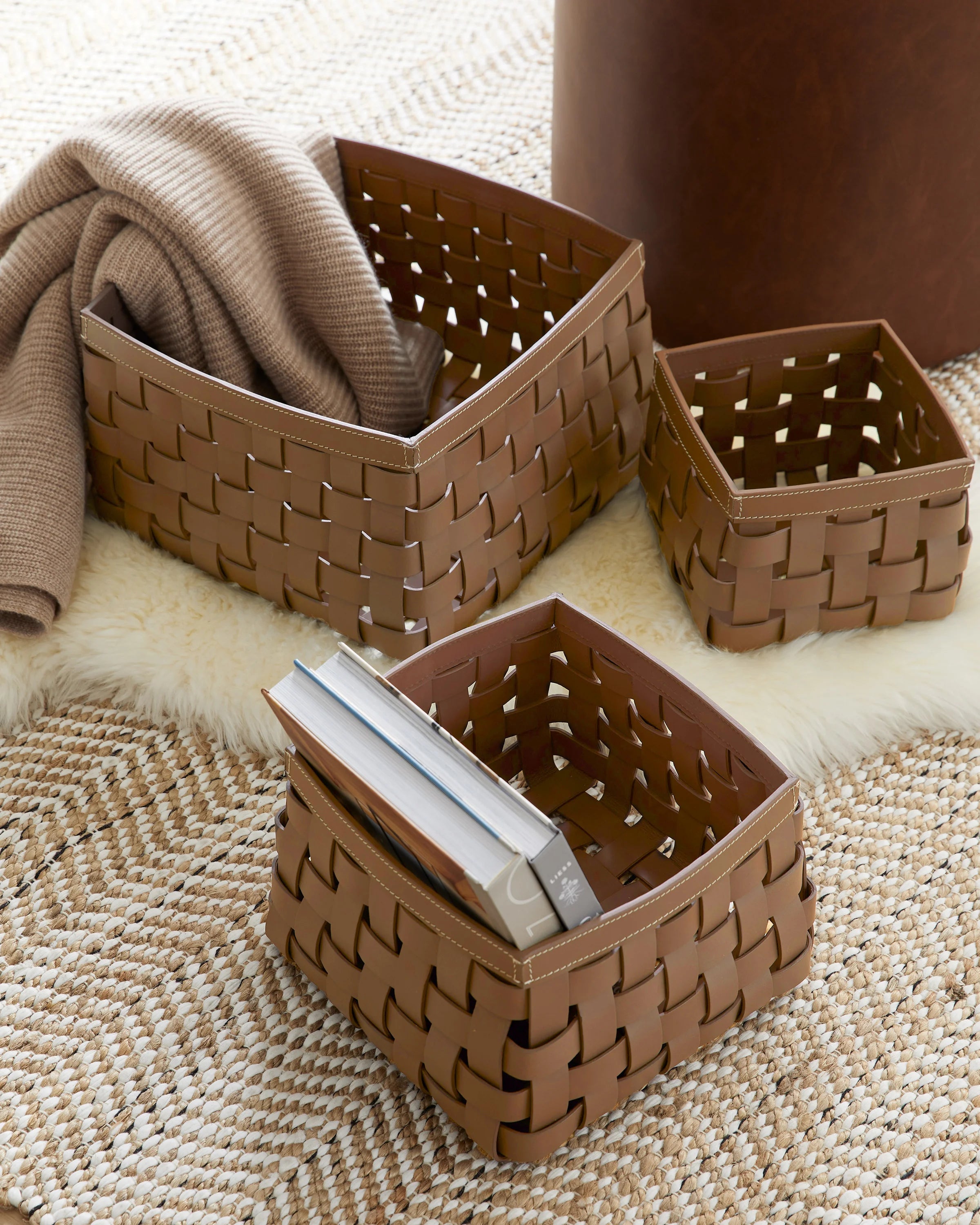 Recycled Woven Leather Baskets (set of 3) - One Size / Cognac Secondary image