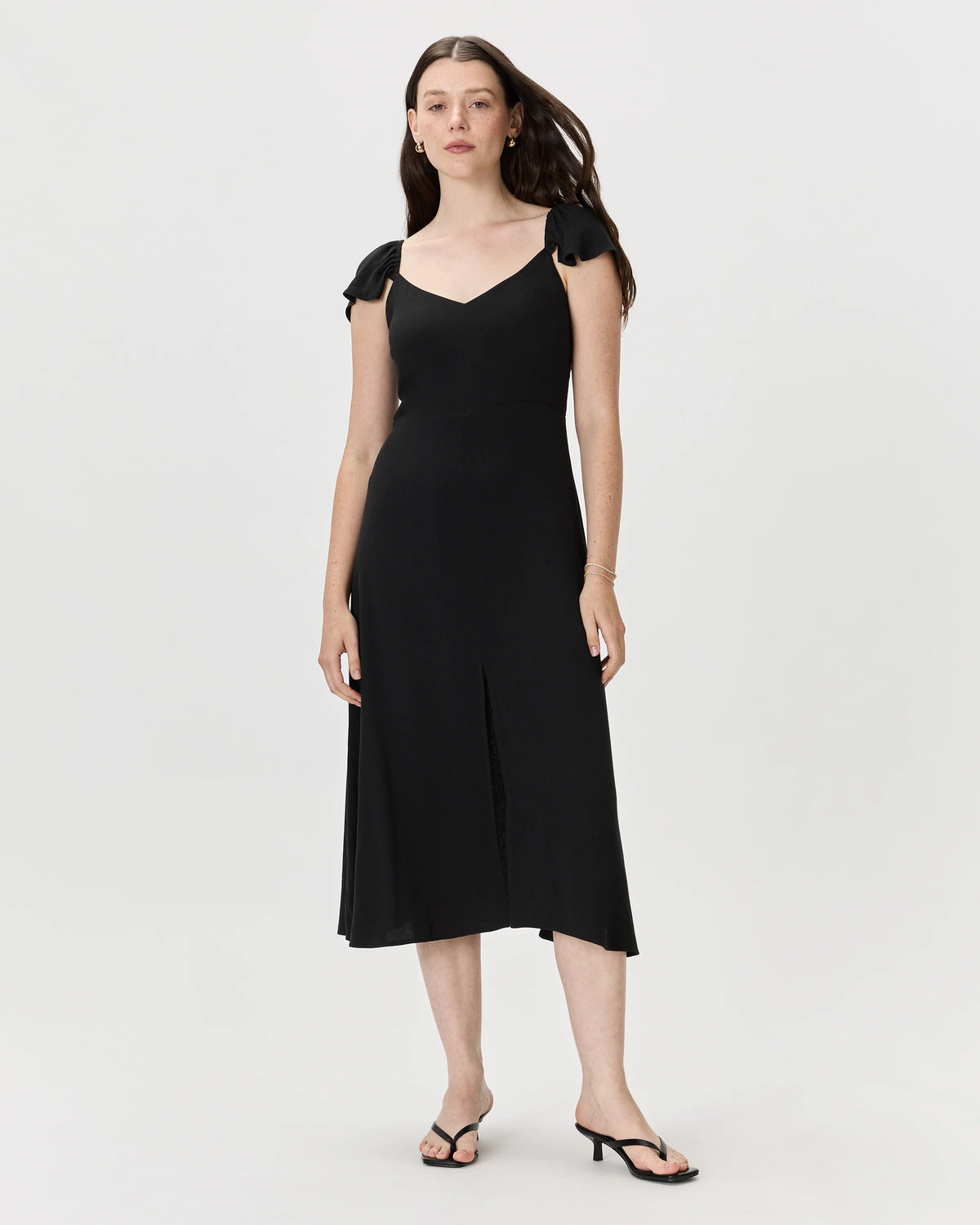 Lightweight Crepe Flutter Sleeve Midi Dress - XS / True Black Main image