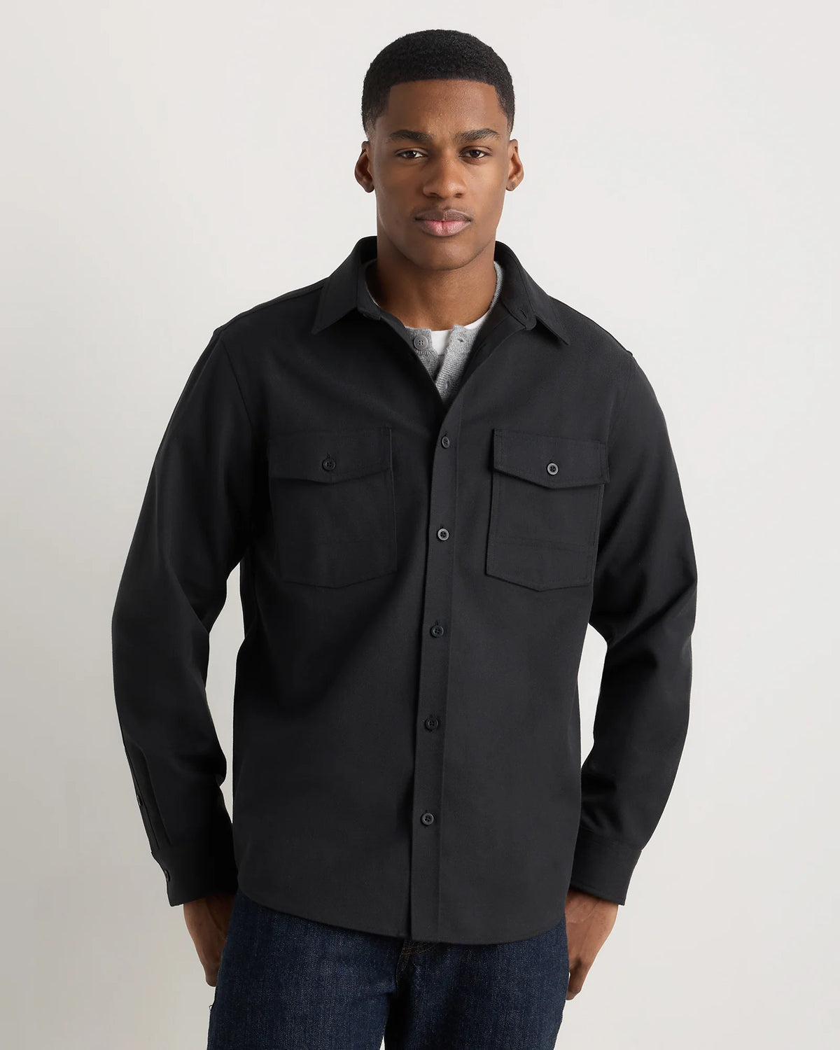 Brushed Cotton Wool Utility Overshirt - S / True Black Main image