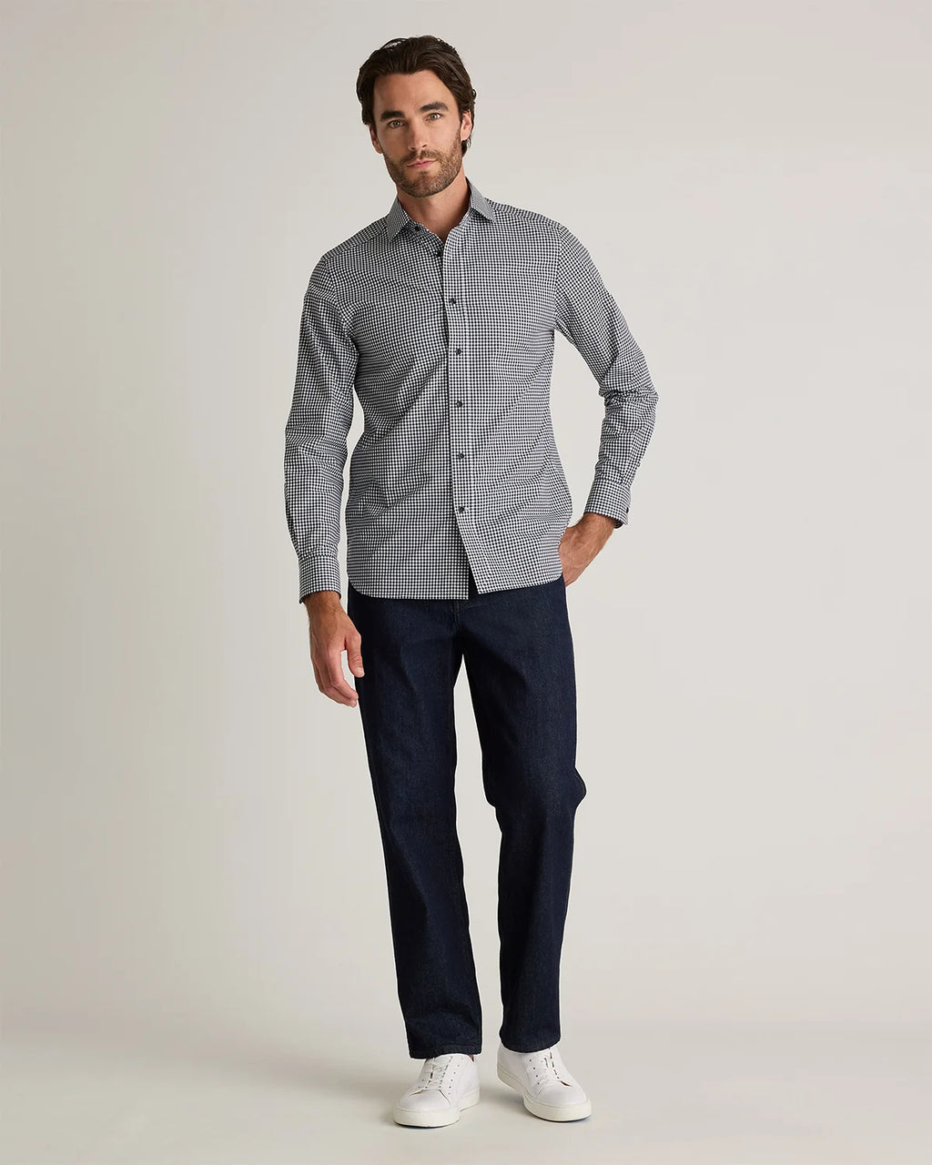 Organic Cotton Stretch Poplin Dress Shirt - S / White/Navy Minigrid