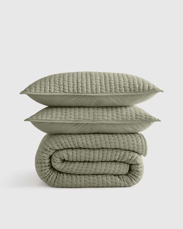 European Linen Cotton Stitch Quilt Set - Twin / Stone