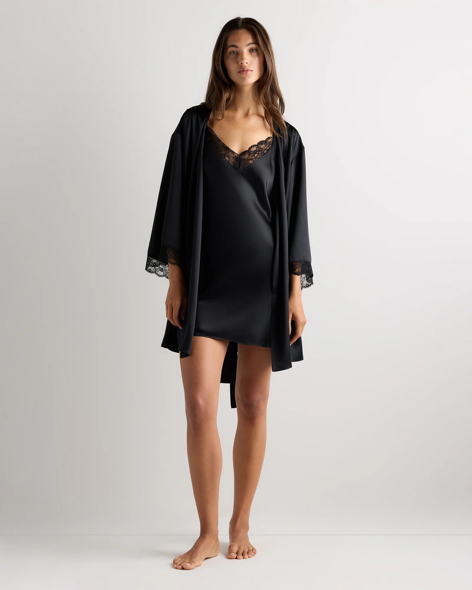 100% Washable Silk Satin Lace Trim Robe - XS / Black Secondary image