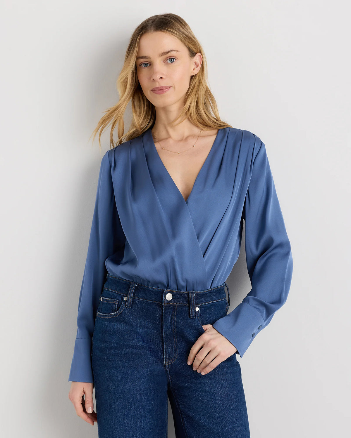 Washable Stretch Silk Surplice Bodysuit - XS / Moonstone Blue Main image