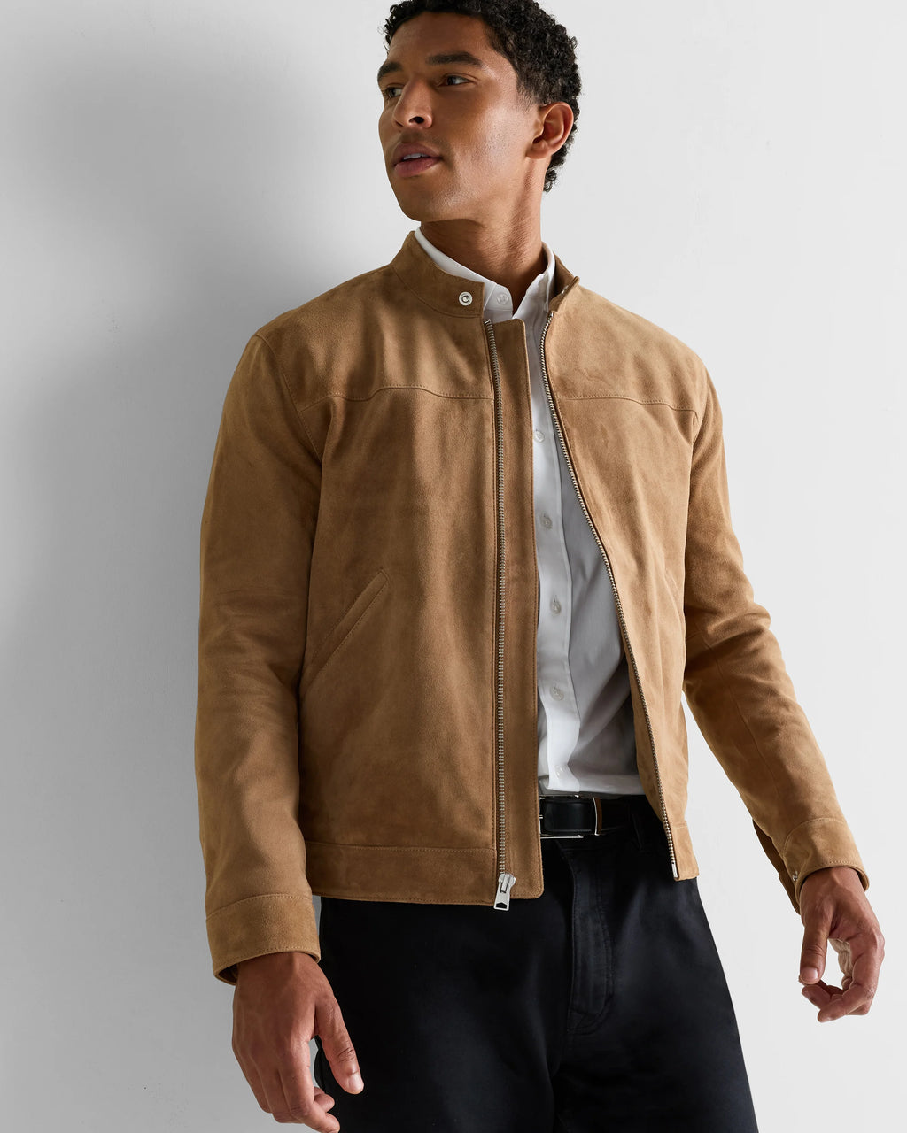 100% Suede Café Racer Jacket - S / Pecan Brown