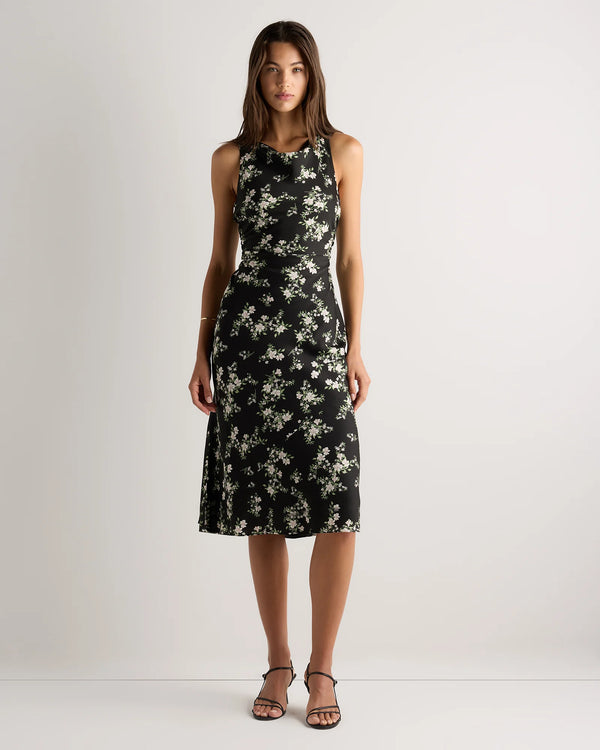 Washable Stretch Silk High Neck Midi Dress - XS / Vintage Navy Roses