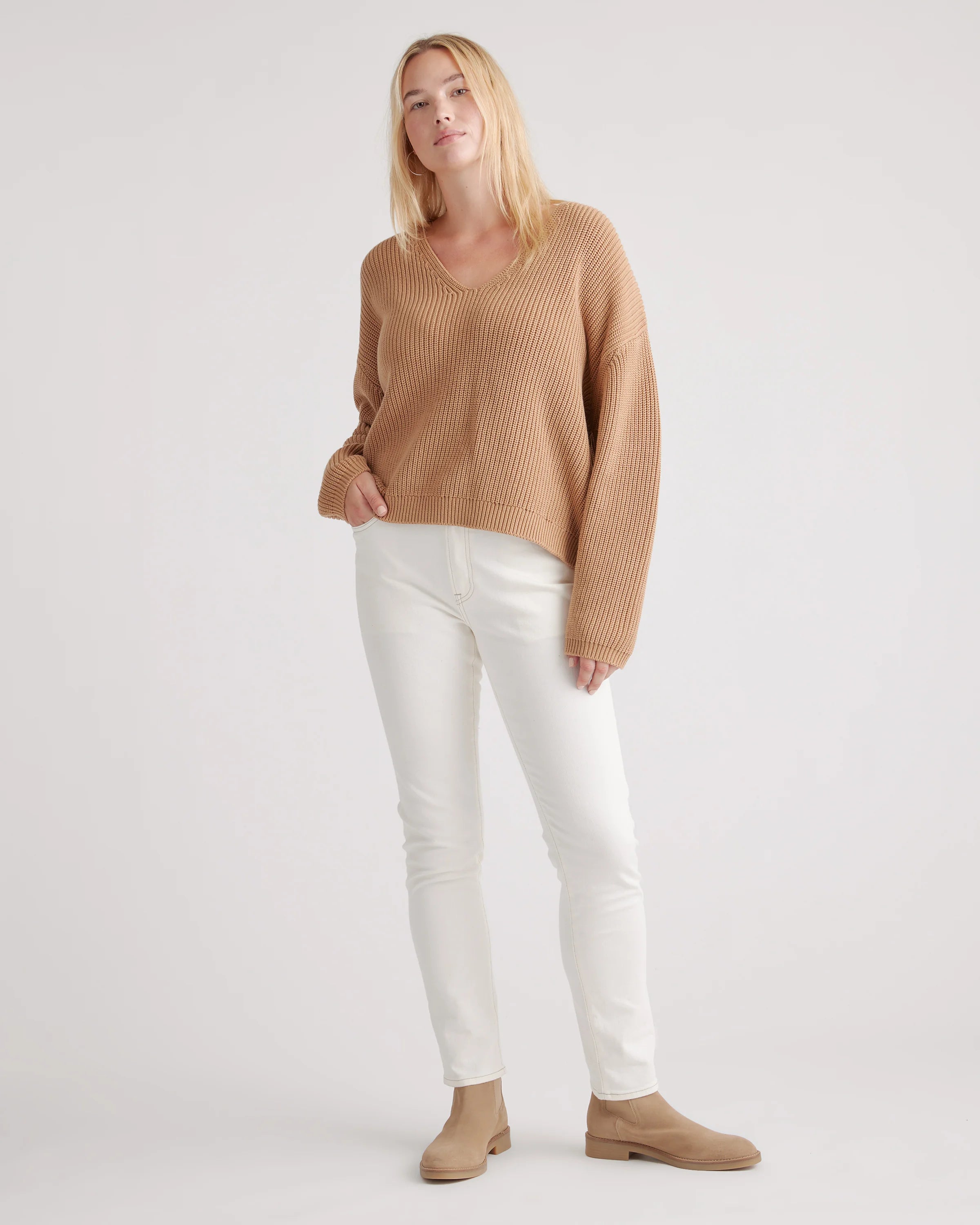 100% Organic Cotton Fisherman V-Neck Sweater - XS / Heather Brown Secondary image