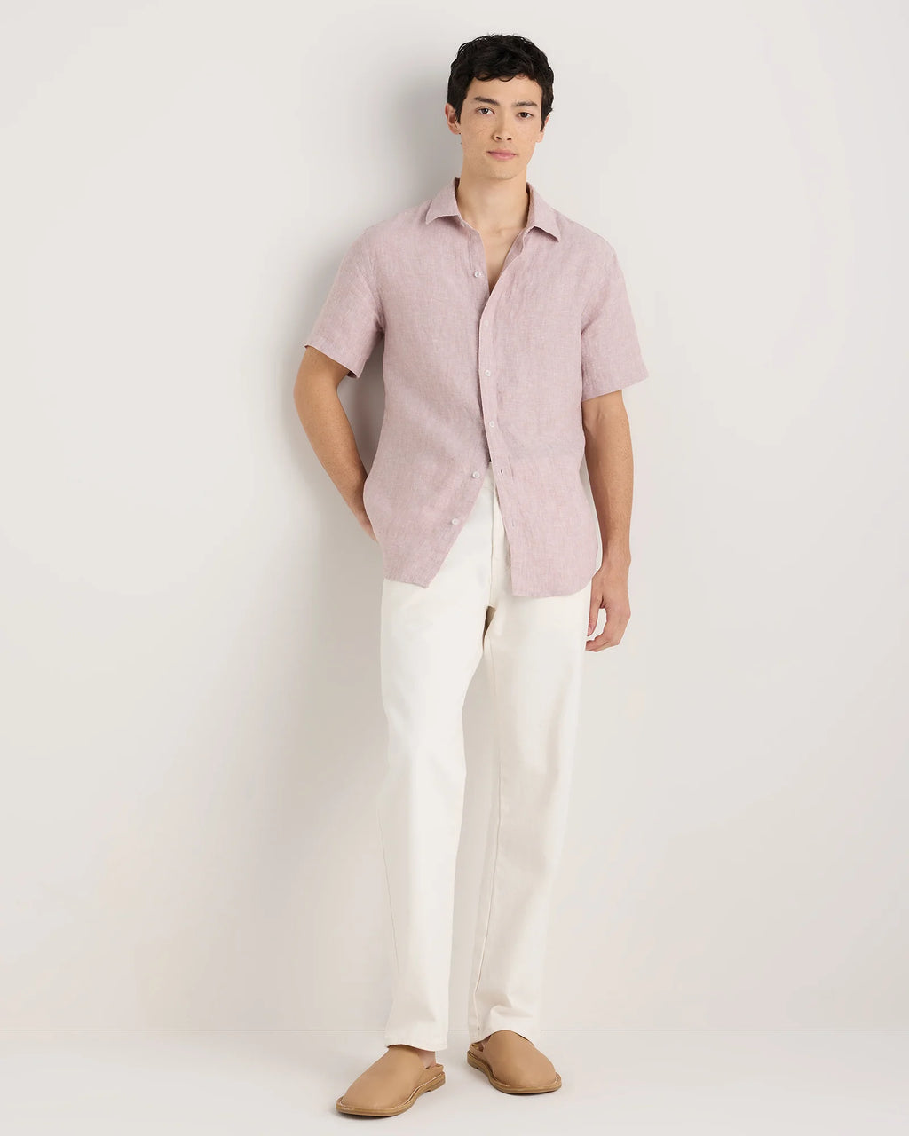 100% European Linen Relaxed Short Sleeve Shirt - XS / Taupe Brown Chambray