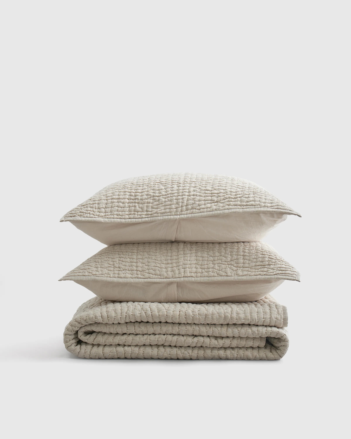 European Linen Cotton Stitch Quilt Set - Twin / Stone Main image