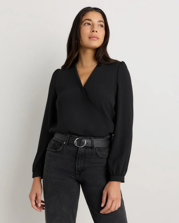 Fluid Crepe Surplice Long Sleeve Blouse - XS / Textured Navy
