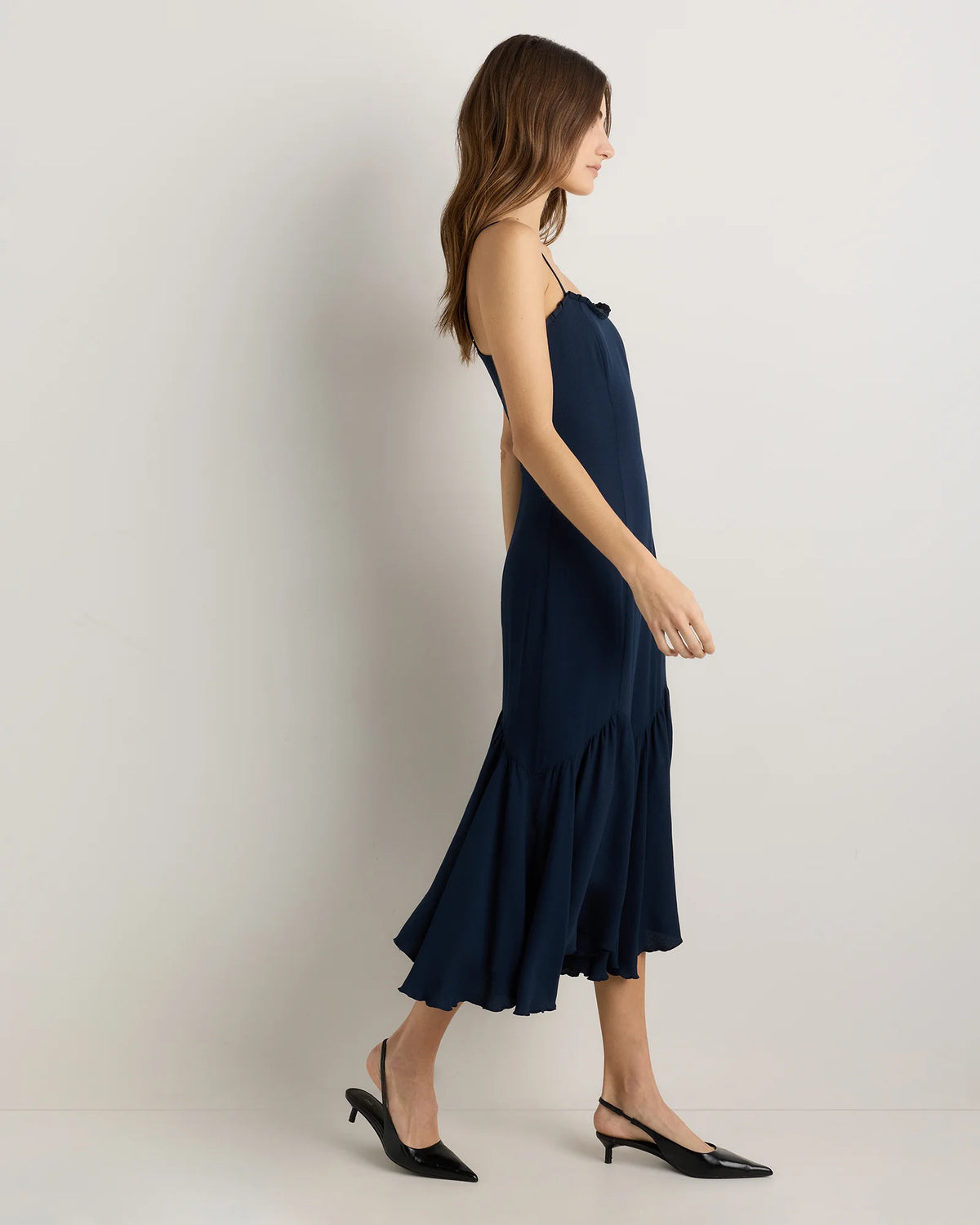 Lightweight Crepe Pleated Hem Midi Dress - XS / Deep Navy