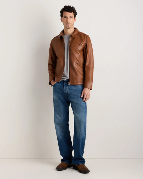 100% Washed Leather Moto Jacket - S / Dark Cognac Brown